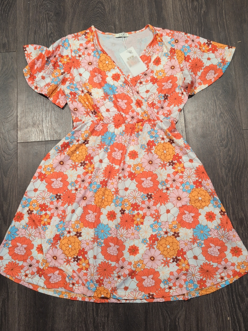 Womens Boho Colorful Ruffle Sleeve V Neck Midi Sundress with Pockets Size L